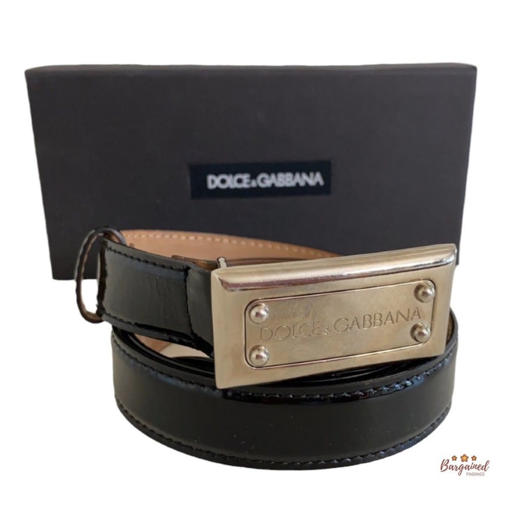 Authentic Dolce & Gabbana Black Patent Leather Belt Silver Buckle Logo Size 32